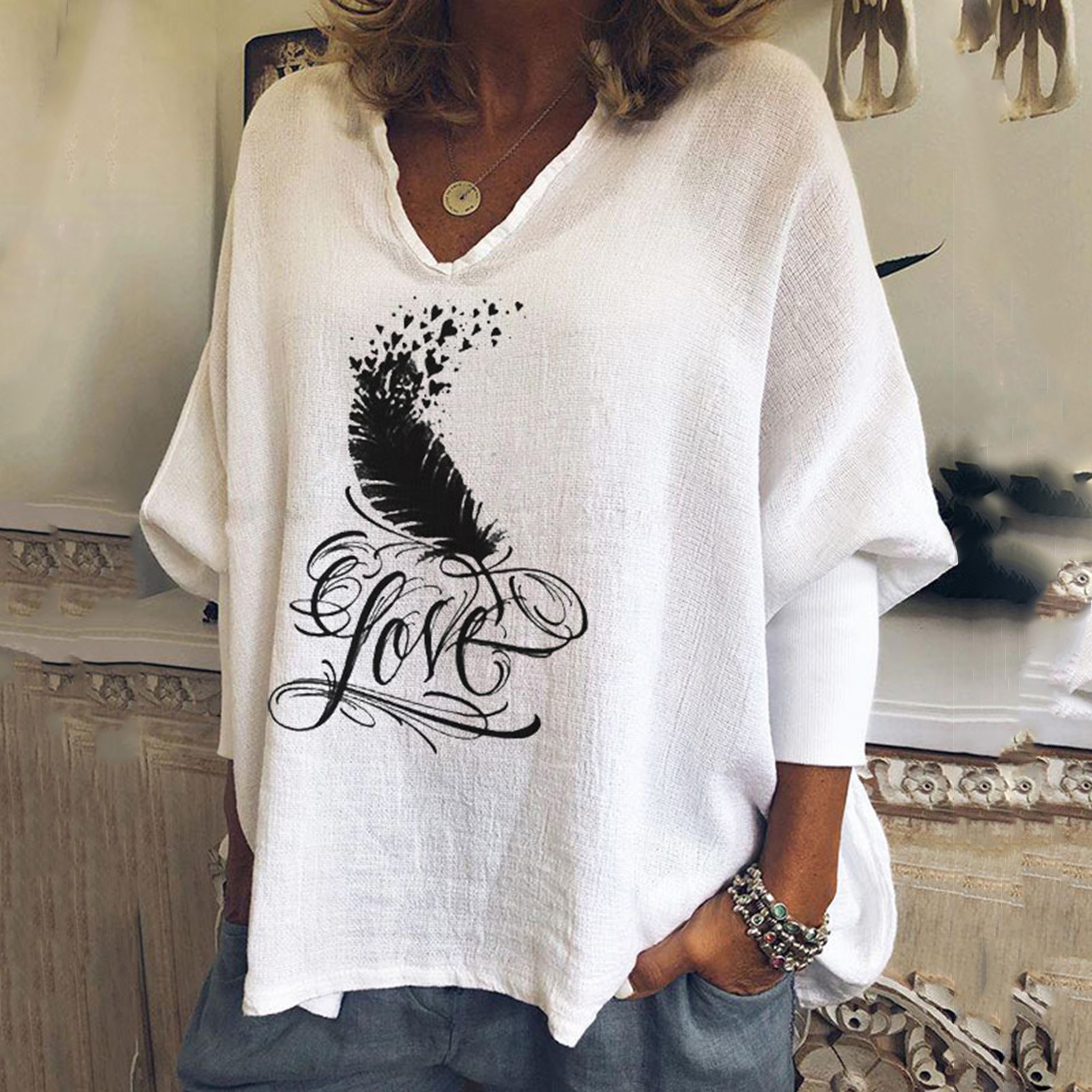 Fashion Print V-Neck Casual Retro Loose Long Sleeve Blouses