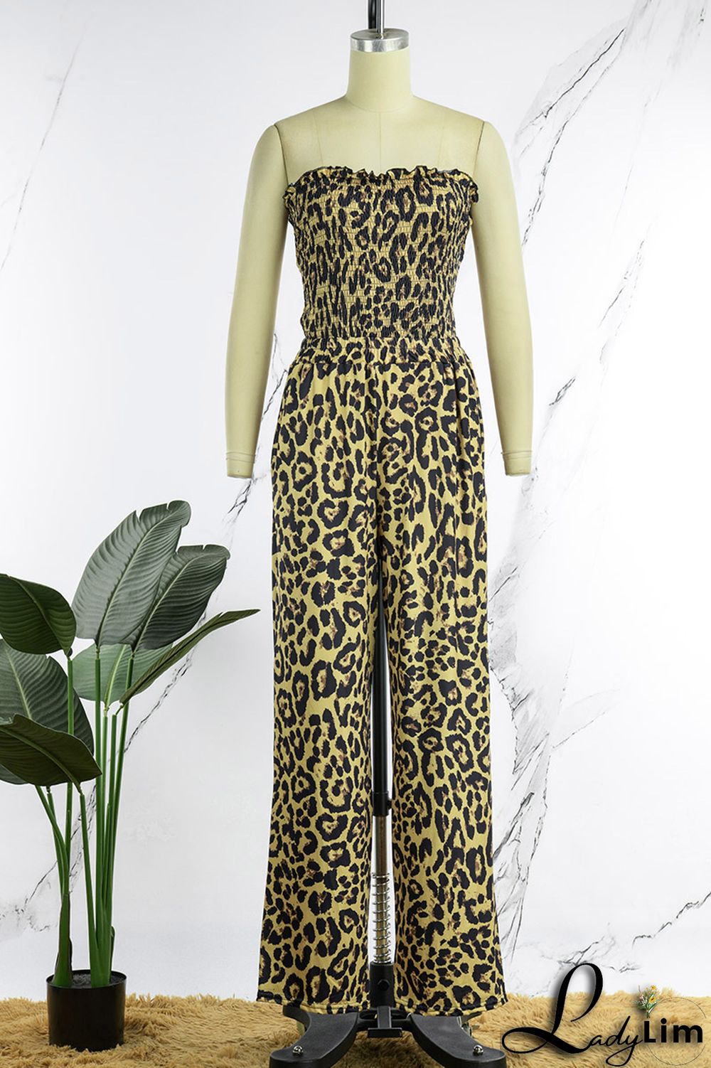Leopard Print Sexy Print Leopard Patchwork Backless Strapless Straight Jumpsuits