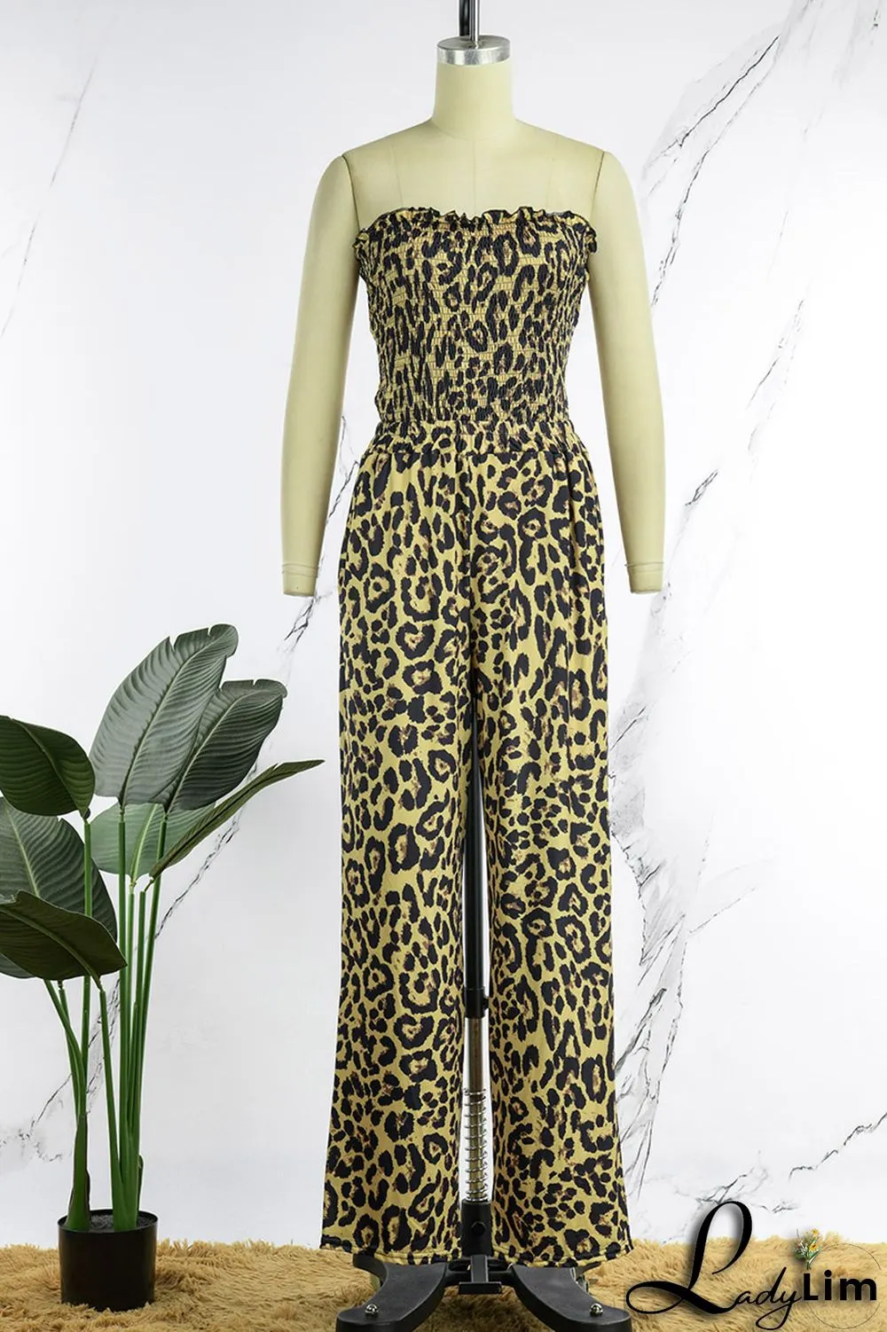 Leopard Print Sexy Print Leopard Patchwork Backless Strapless Straight Jumpsuits