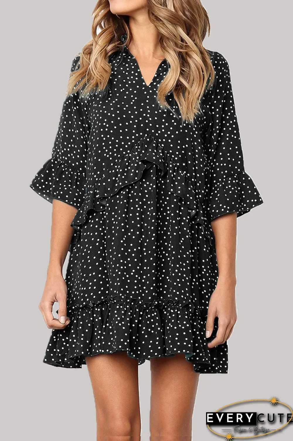 Fashion Casual Polka Dot Split Joint V Neck Princess Dresses