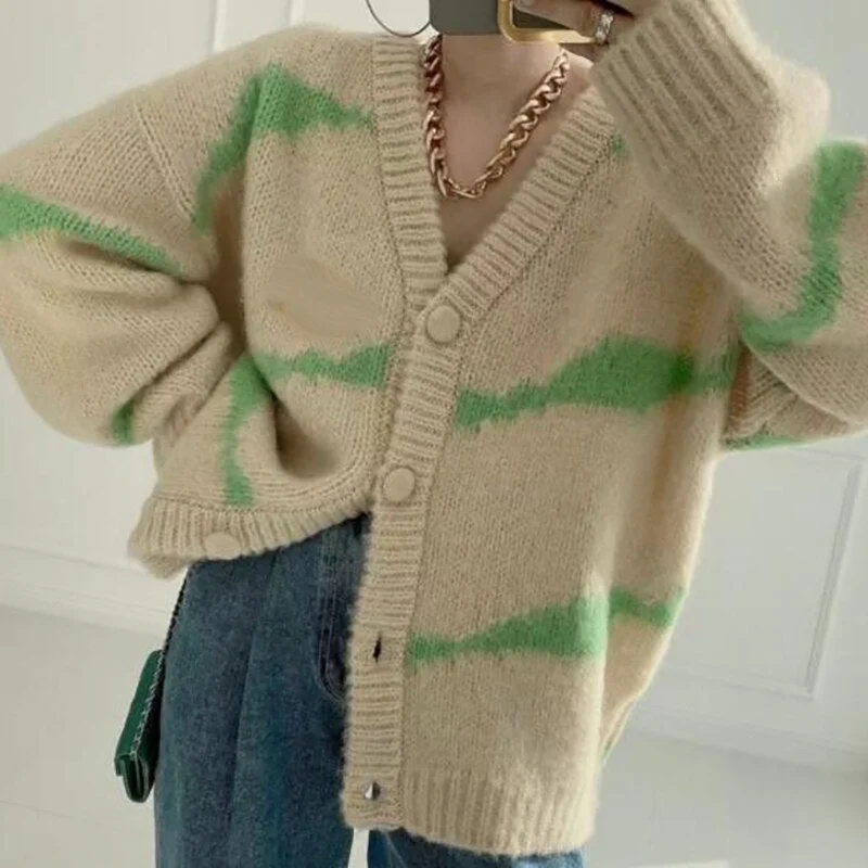 Syiwidii Striped Sweater Woman Cardigan Tops Fall 2021 Korean New Knitted Jackets Single Breasted V Neck Long Sleeve Loose Coats