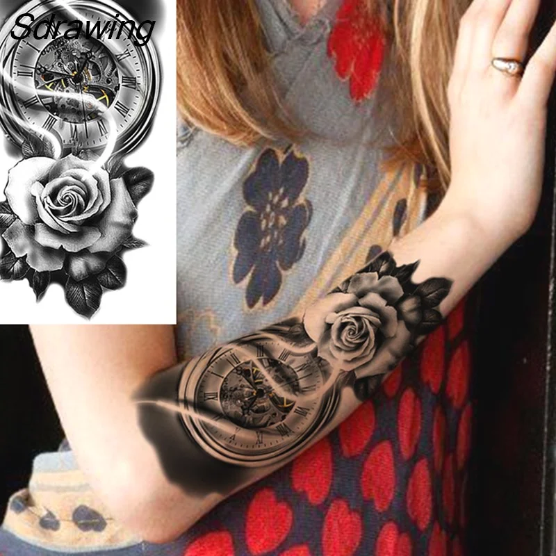 Sdrawing Warrior Punk Skeleton Gangster Rose Flower Temporary Tattoos For Women Men Lion Tiger Skull Rose Fake Tattoo Sexy Arm