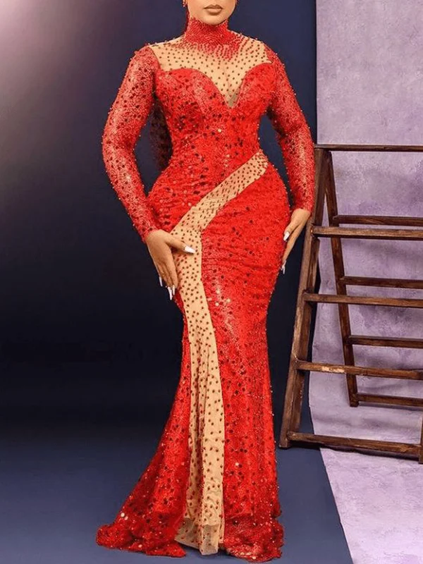 Stand Collar Beaded Decorate Long Sleeve See-Through Red Maxi Dress