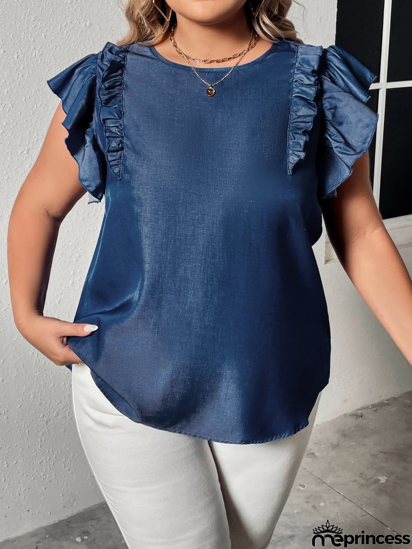 Plus Size Round Neck Flounce Sleeve Frill Trim Blouse