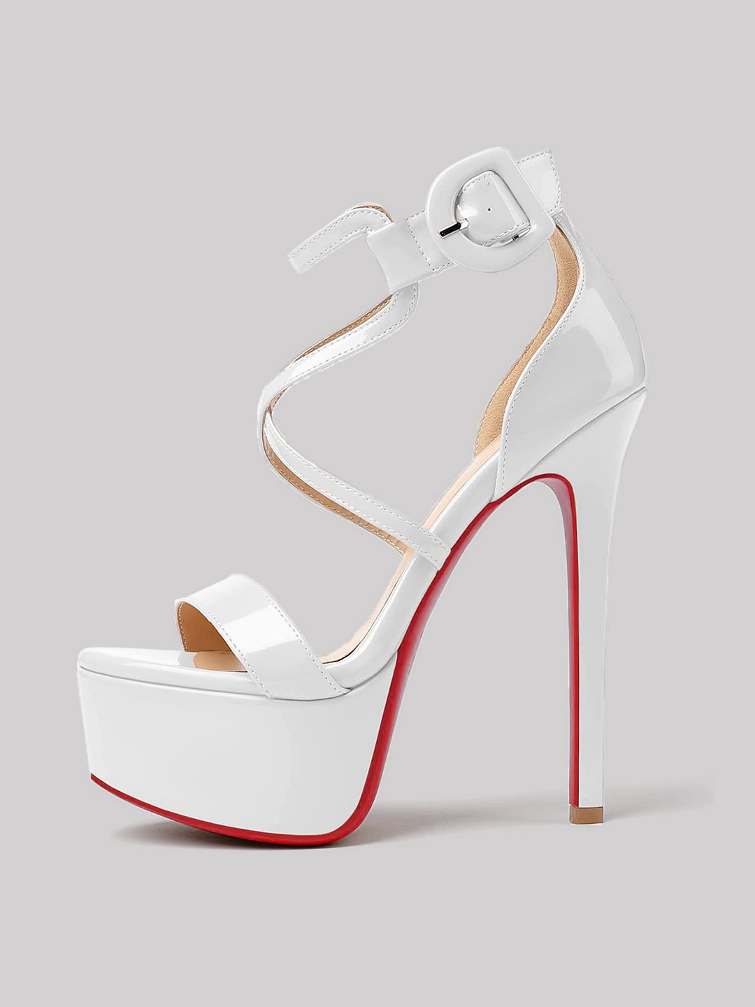 150mm Women's Open Toe Platform Sandals Ankle Strap High Heel Patent Red Bottom Summer Shoes