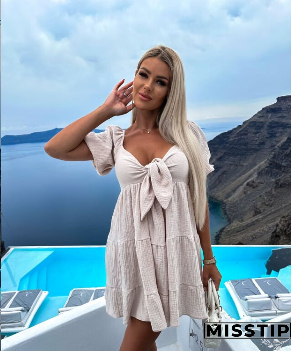 Solid Color V-neck Lace-up Short Sleeve Pleated Mini Dress