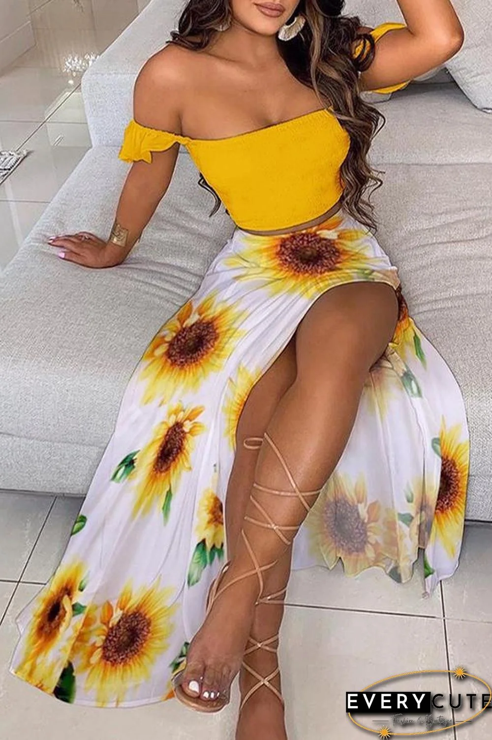 Off Shoulder Ombre Colorblock Top & High Slit Maxi Skirt Sets P13628