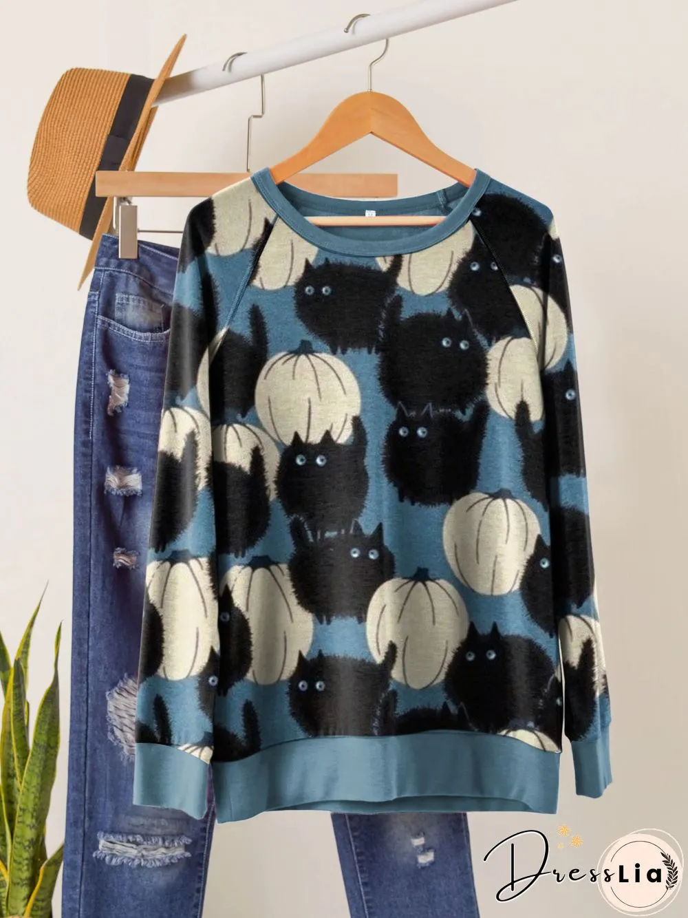 Halloween Cat Pumpkin Print Crew Neck Sweatshirt