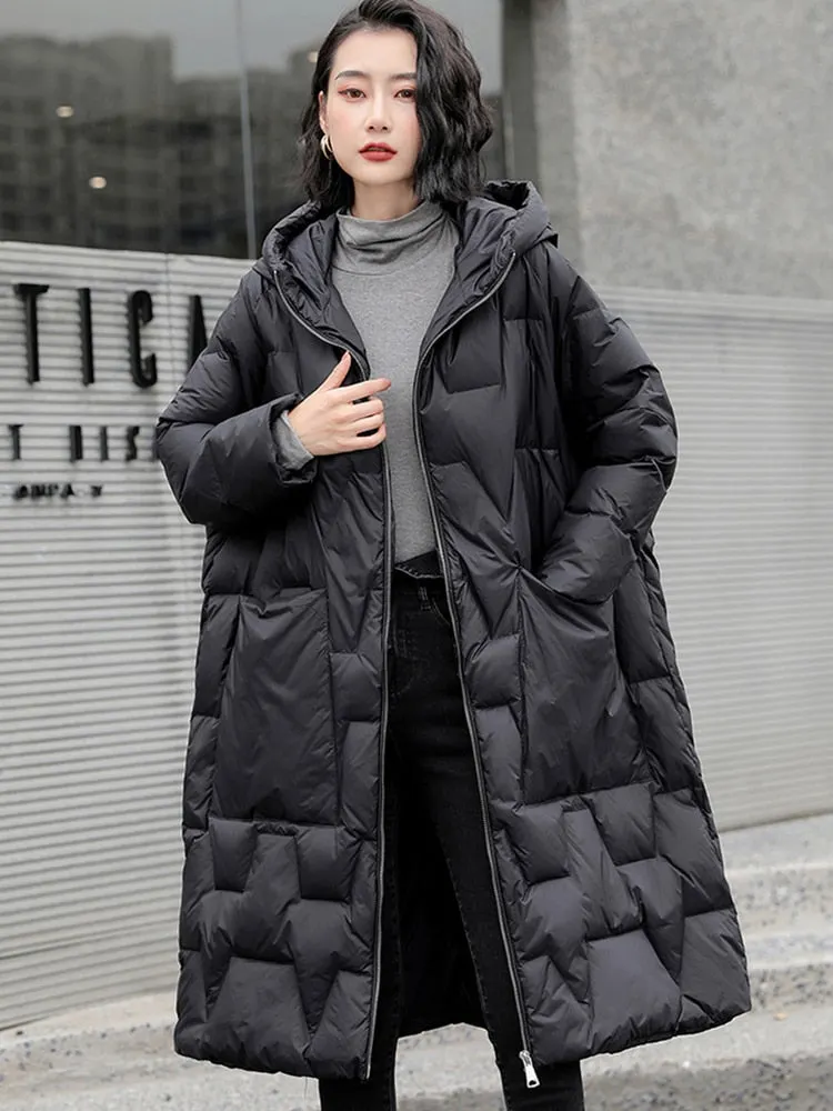 Ailegogo Winter Women Hooded Loose Thick Warm 90% White Duck Down Long Parkas Casual Female Zipper Pocket Down Coat Snow Outwear