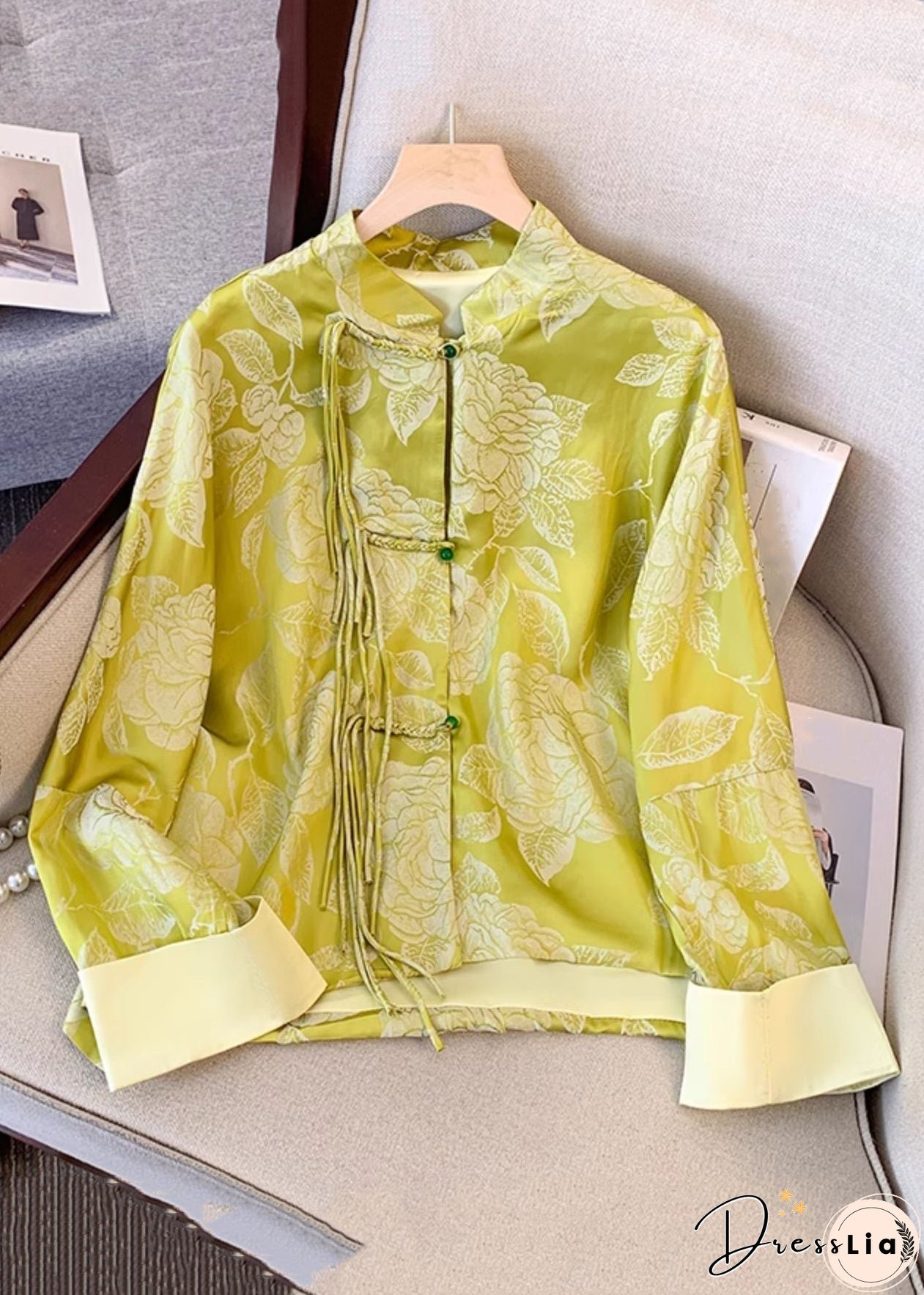 Vintage Yellow Tasseled Button Print Silk Coat Fall