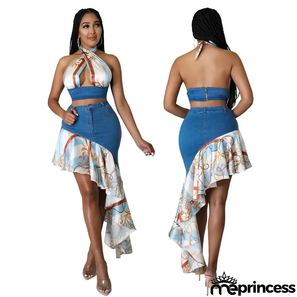 Women Fashion Contrast Jeans Backless Irregular Print Top And Dress Two Piece Set