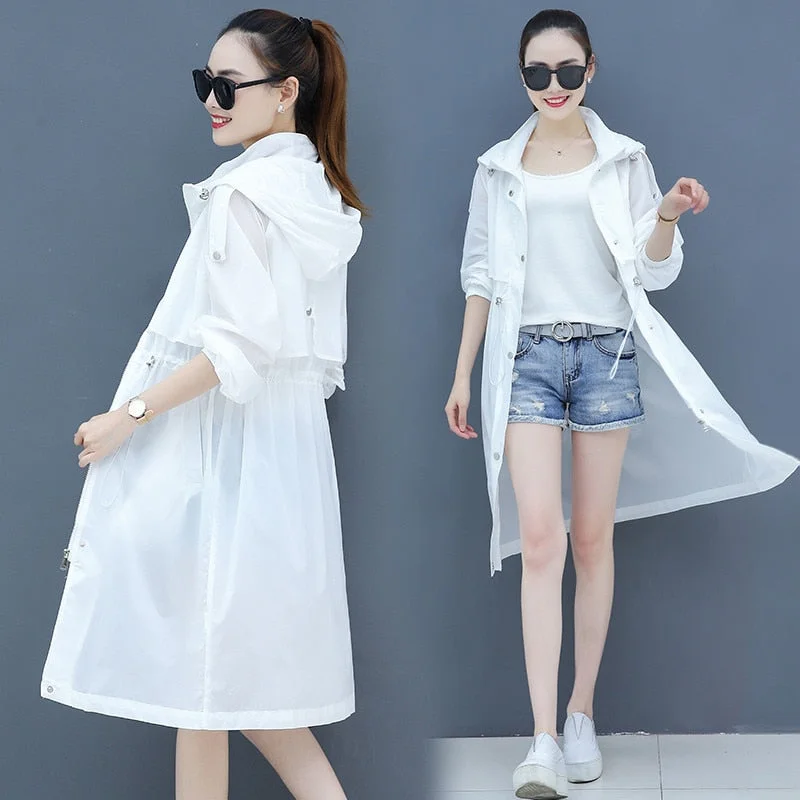 2020 NEW Summer New Women Sun Protection Clothing Female Long Loose Sunscreen Coat Thin Beach Jackets White Hooded Overcoat J192