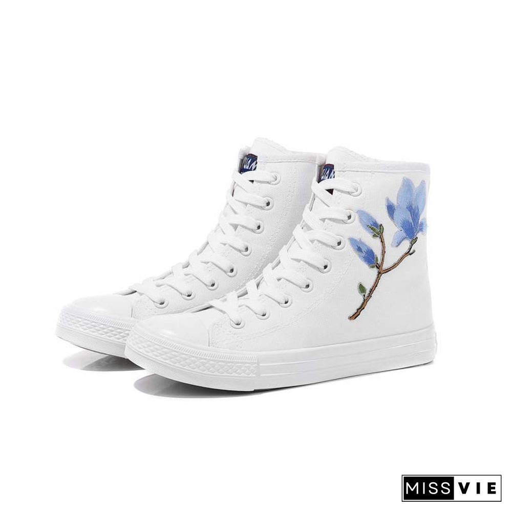 Vintage Blossom Embroidery Lace Up Zipper Canvas Shoes