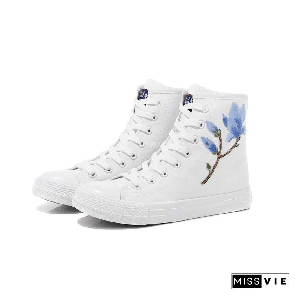 Vintage Blossom Embroidery Lace Up Zipper Canvas Shoes
