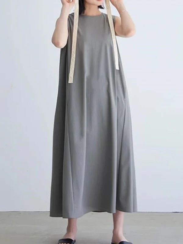 Loose Sleeveless Solid Color Round-Neck Midi Dresses