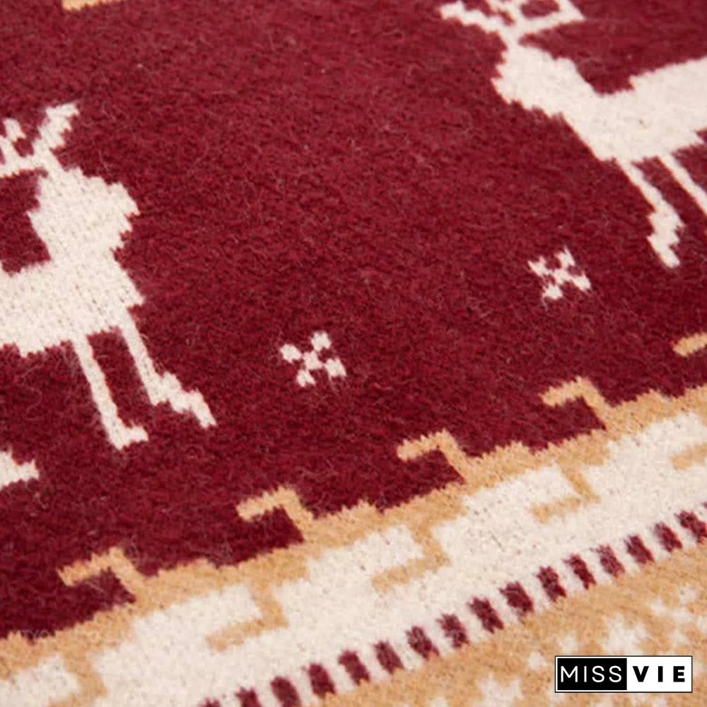 Christmas Reindeer Pattern Colorblock Round Collar Sweater