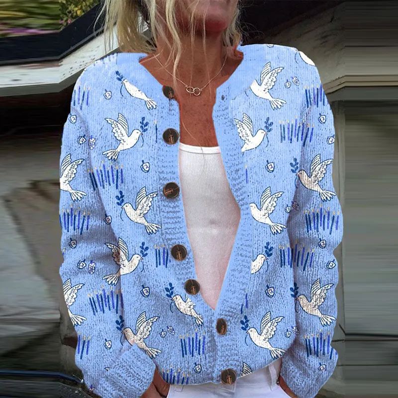 Women's Hanukkah Menorah Dove Button Down Knit Cardigan