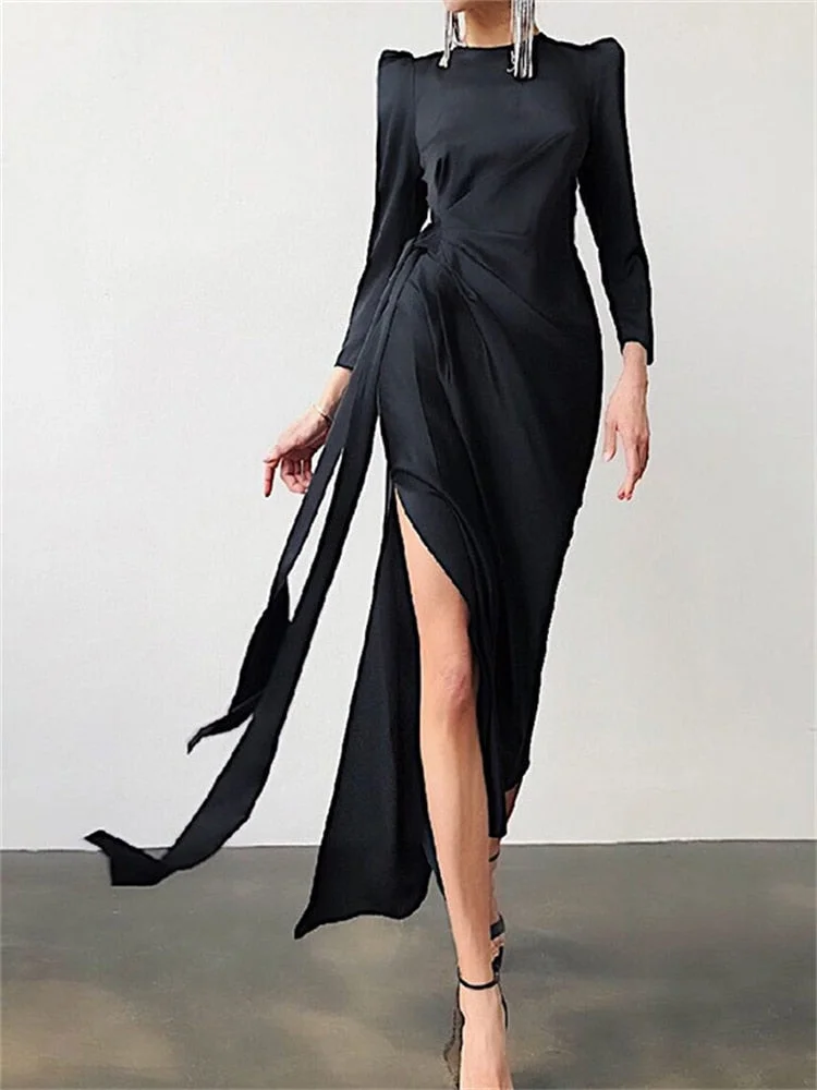 Forefair Long Sleeve O Neck Split Women Robe Maxi Dress 2021 Autumn Winter Sexy Evening Party Women's Dresses For New Year 2022
