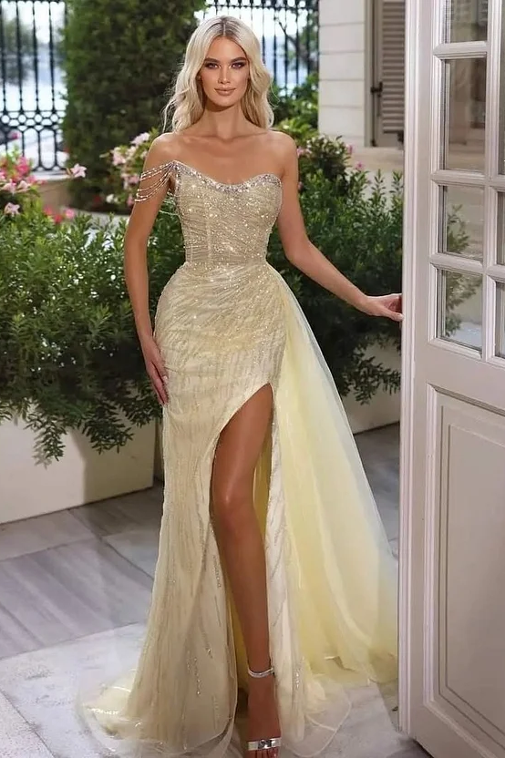 Daisda Yellow Sleeveless Strapless Mermaid Beads Prom Dress