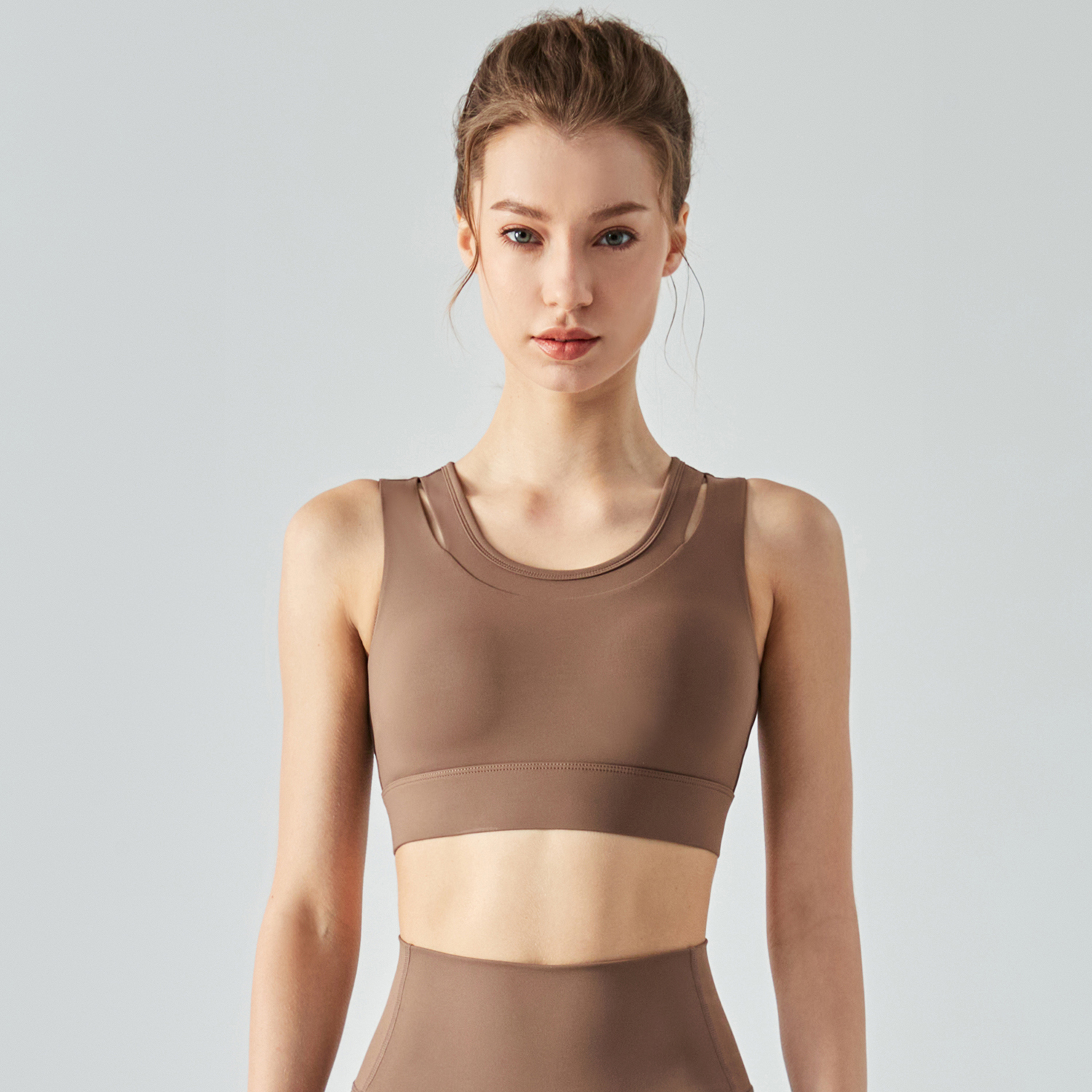 Buy Hergymclothing Chocolate 2 in 1 hollow-out straps high support push up sports bra with removable pads online