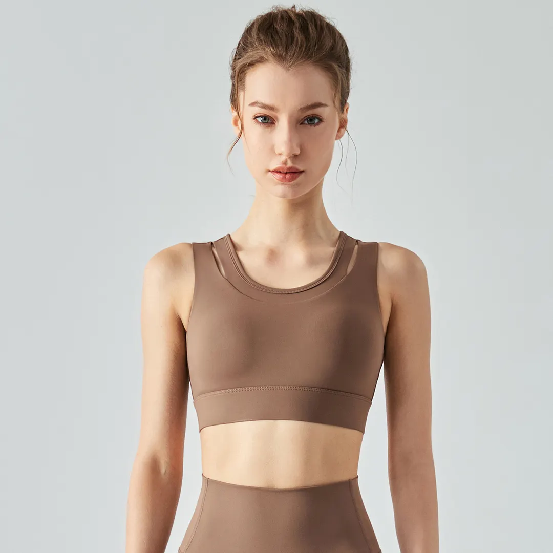 Buy Hergymclothing Chocolate 2 in 1 hollow-out straps high support push up sports bra with removable pads online