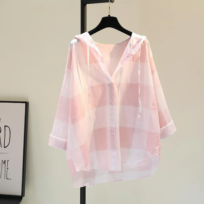 Brownm Brownm Lattice Hooded Sunscreen Woman 2025 Spring And Summer New Korean Version Of Loose Casual Shirt Thin Top Card