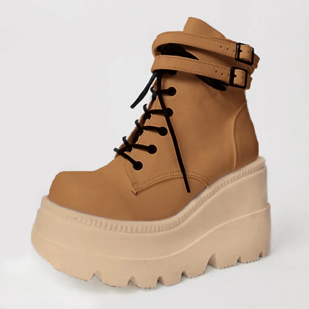 BONJOMARISA New Arrivals Brand Designer Platform Wedges Lace Up women's Boots Cool Street Punk Goth Fluorescent Treny Shoes Lady