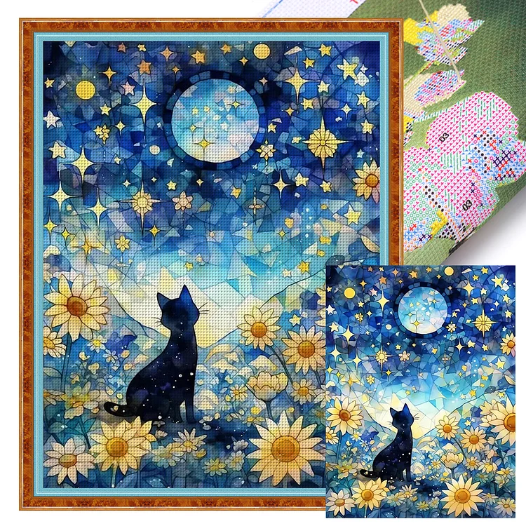 【Yishu Brand】Black Cat In The Sunflower Field Under The Moon 11CT Stamped Cross Stitch 50*65CM