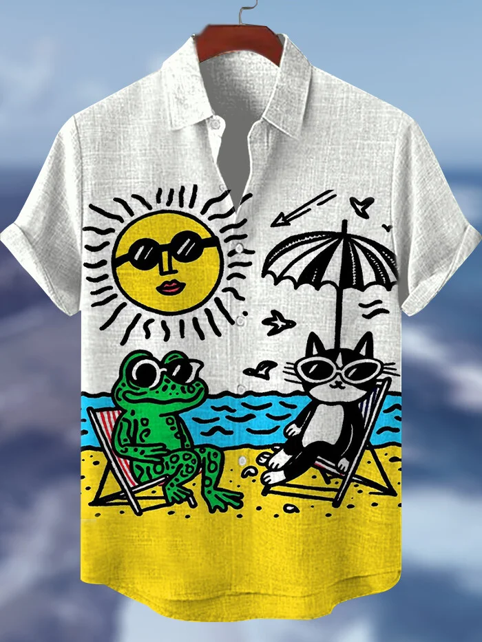 Men's Seaside Frog And Cat Print Vacation Shirt