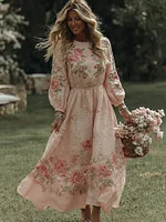 Women's Vintage Rose Art Flowy Maxi Dress