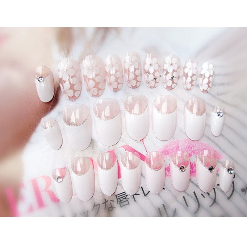 24pcs/Set Japanese White Flower Transparent Oval False Nails Long Full Artificial Nails with Diamond Fake Nail Art Tips