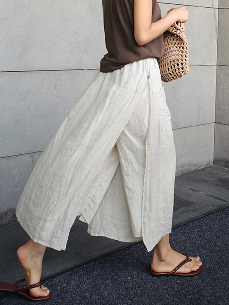 Womens Black Loose-Fitting Culottes Wide-Slit Nine-Inch Length Elastic Waistband