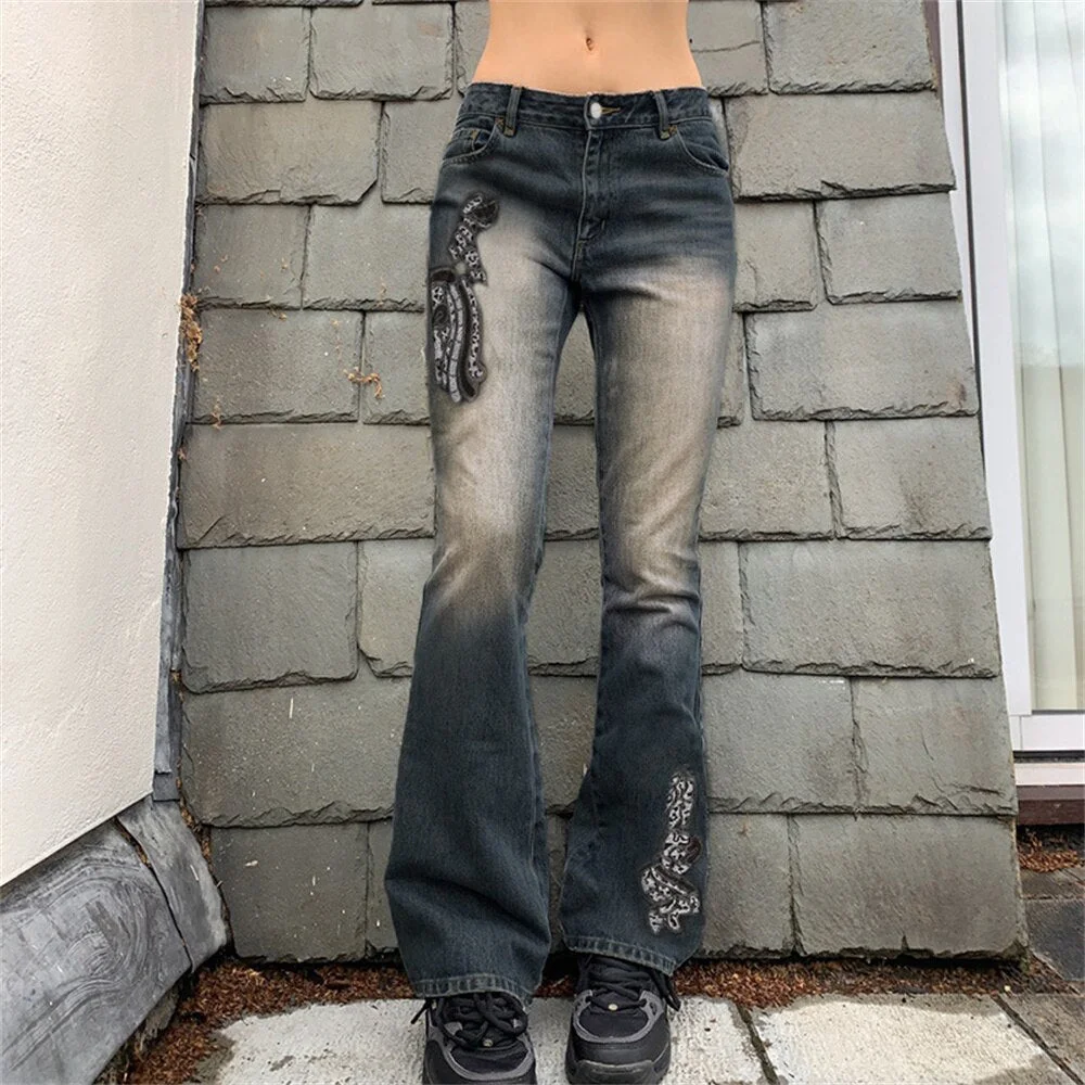 uforever21 Alt Jeans Distressed Women Fairy Grunge Cargo Pants 90S Cyber Y2k Graphic Mom Trousers Retro Washed Denim Hippie Pants