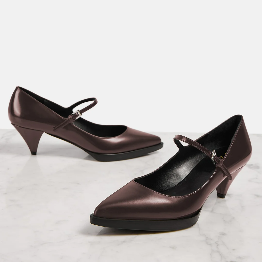 Shiny Vegan Leather Buckle Fastening Strap Pencil Heel Pumps in Brown