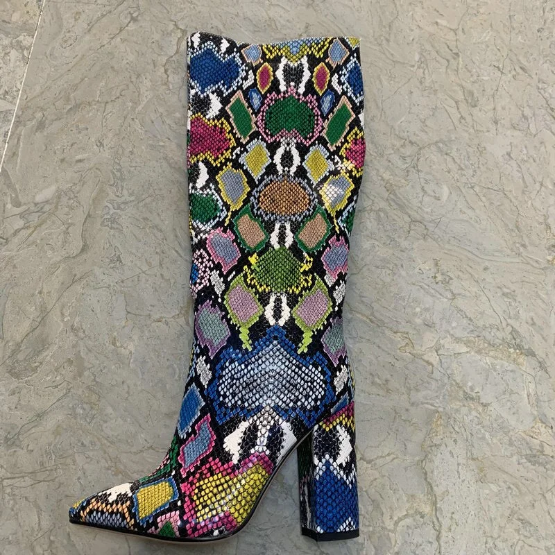 2020 Women knee high Boots Print High Heels Ladies Shoes Woman Party Dancing Pumps Basic microfiber Leather Boots size 42 43