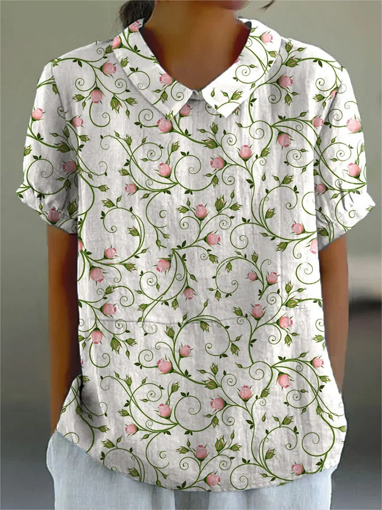 Women's Rose Floral  Print Casual Cotton And Linen Shirt