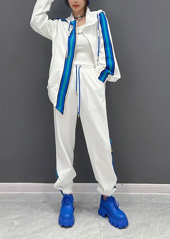 Boutique White Asymmetrical Zippered Striped Hooded Coats And Pants Two Piece Set Fall