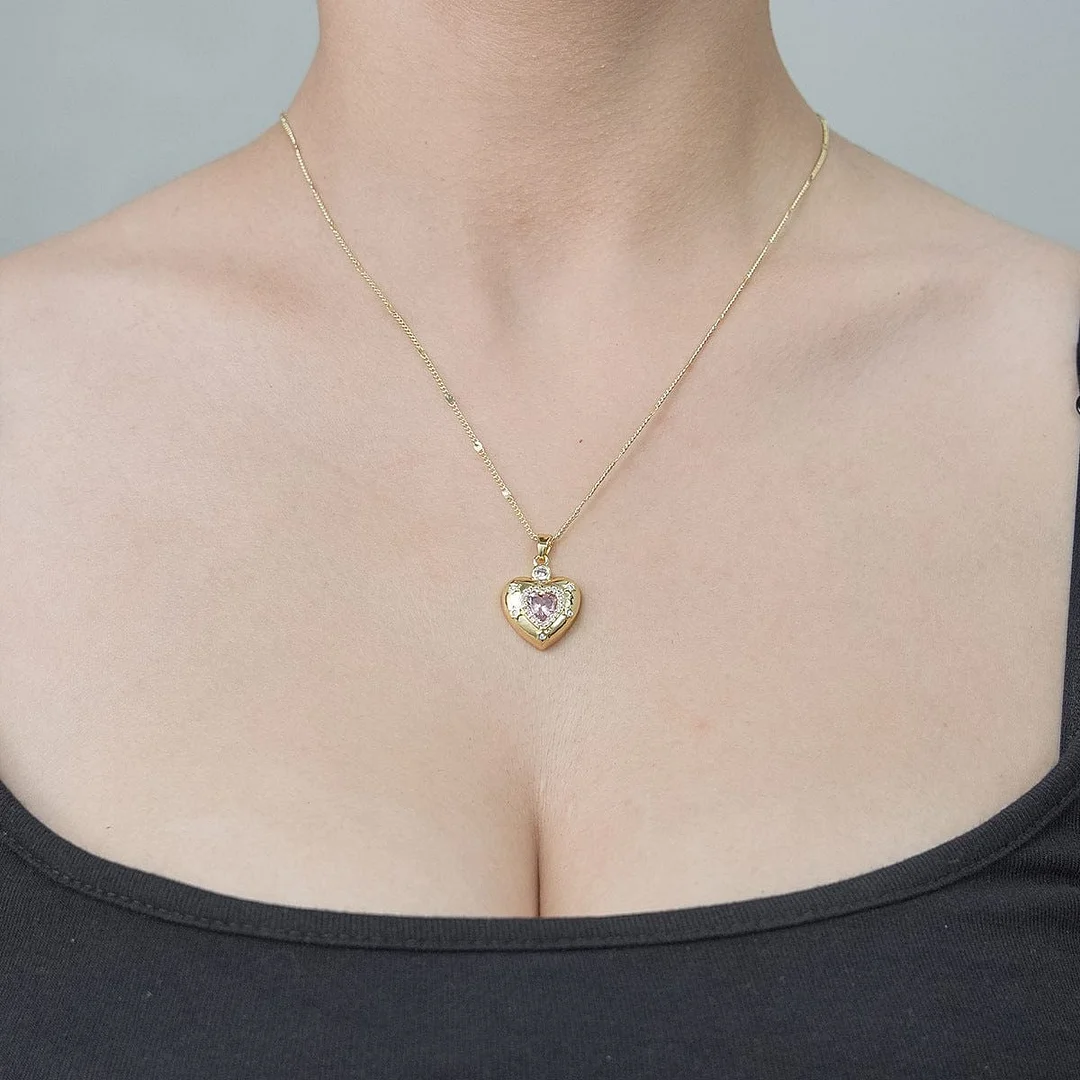 Charming Pink Crystal Heart Chain Necklace