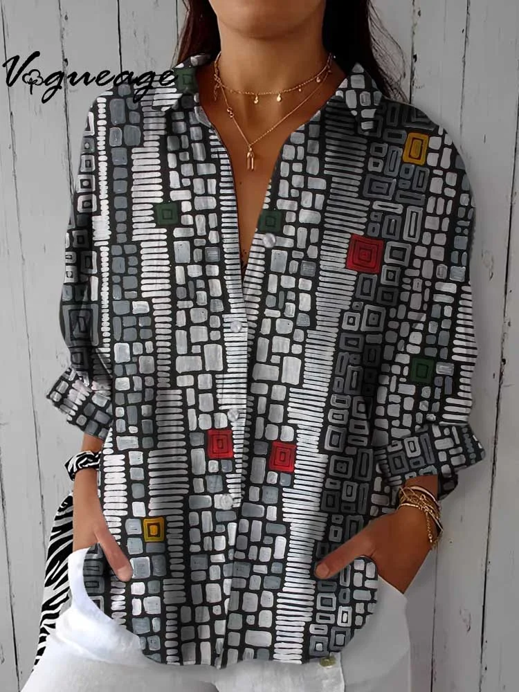Fashion Black And White Blocks Printed Cotton And Linen Shirt