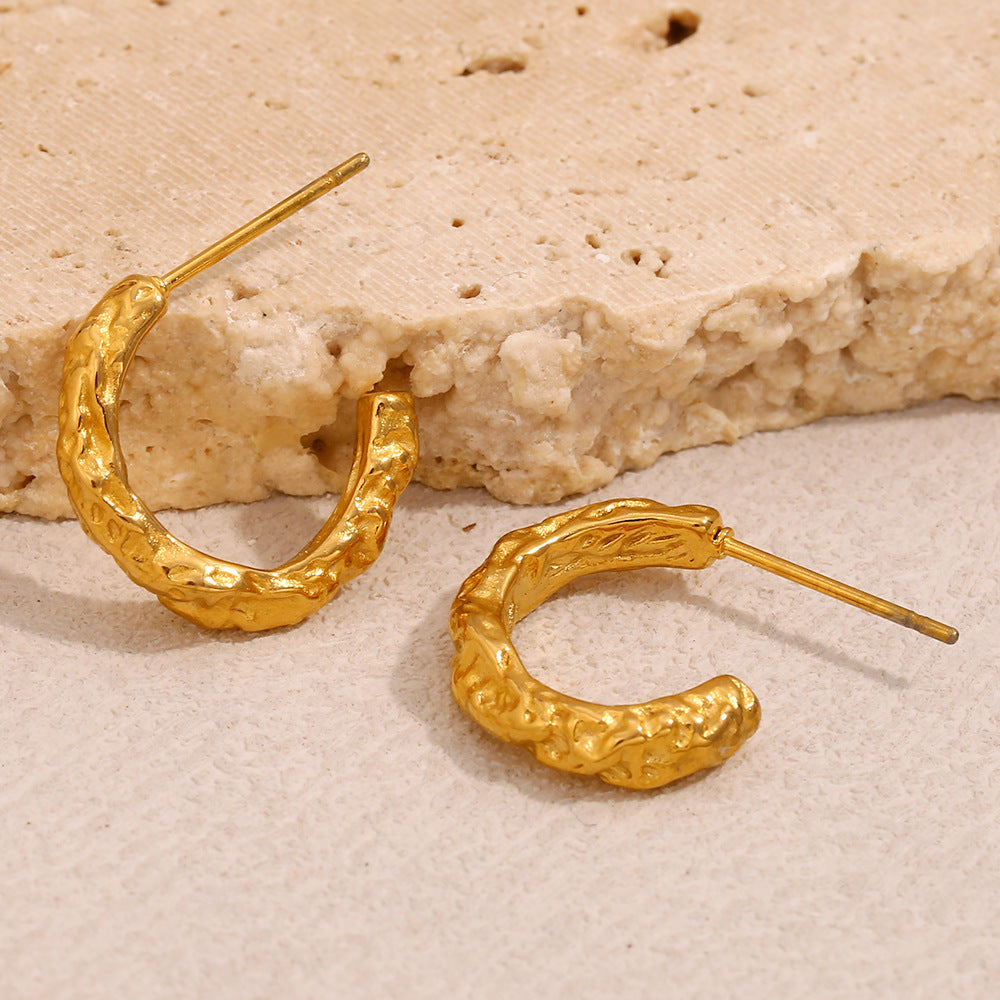 Fashionable Ins Style All-Match Earrings Stainless Steel Plated With 18K Gold Irregular Hammered Pattern Small Earrings