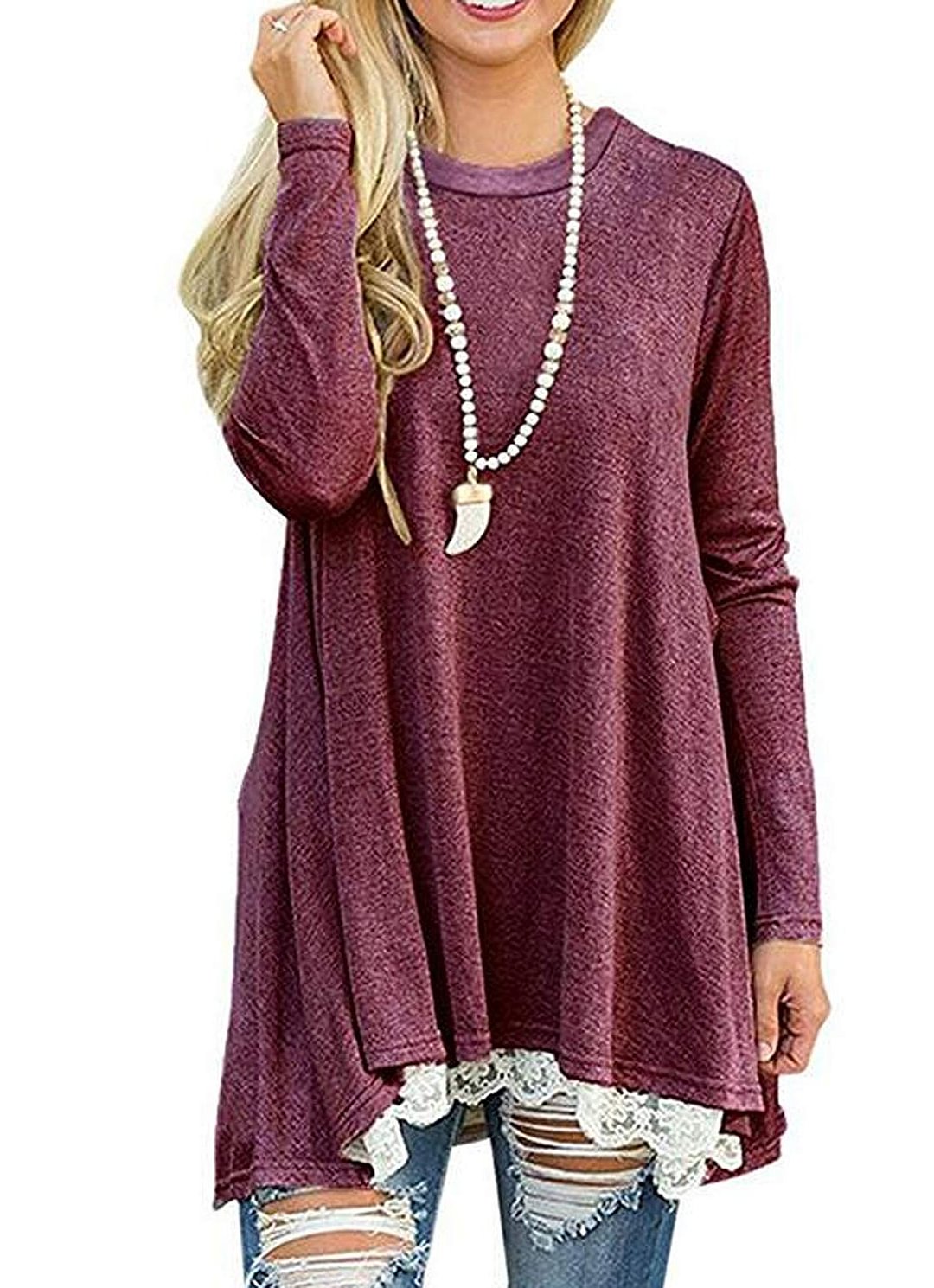 Women's Lace Long Sleeve Tops Casual Round Neck Top Blouses
