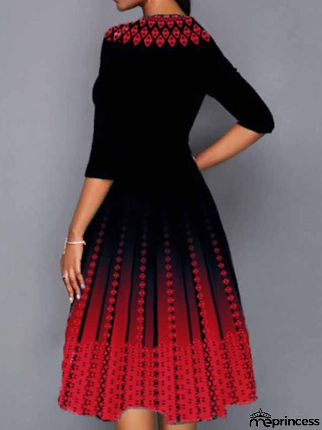 Work Dress Swing Dress Church Dress Midi Dress Red Royal Blue Blue 3/4 Length Sleeve Print Print Summer Spring Crew Neck Elegant S M L XL XXL 3XL 4XL 5XL for Women