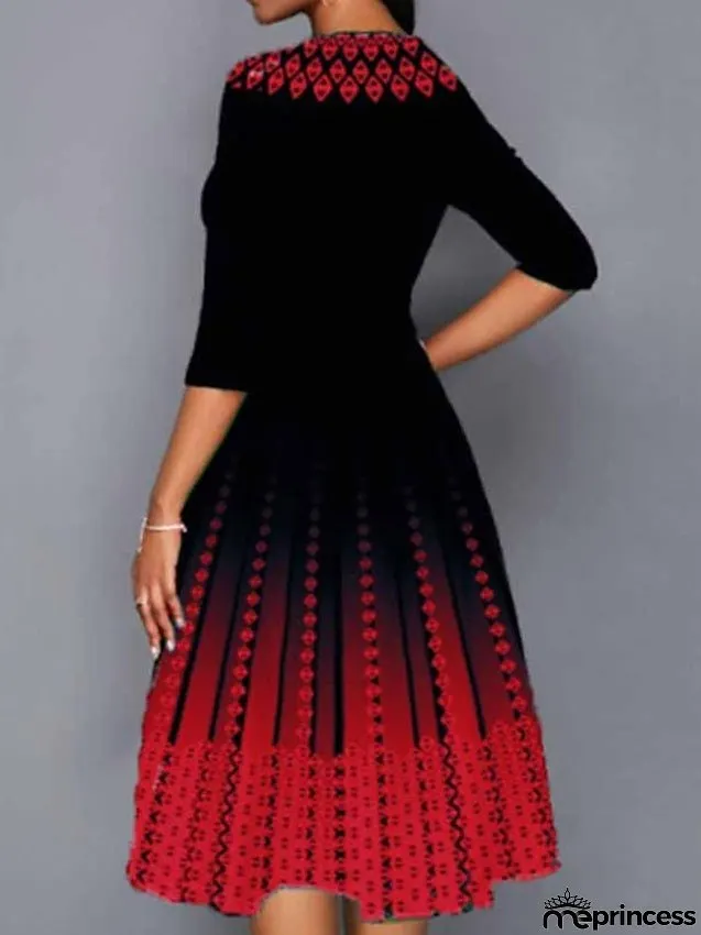 Work Dress Swing Dress Church Dress Midi Dress Red Royal Blue Blue 3/4 Length Sleeve Print Print Summer Spring Crew Neck Elegant S M L XL XXL 3XL 4XL 5XL for Women