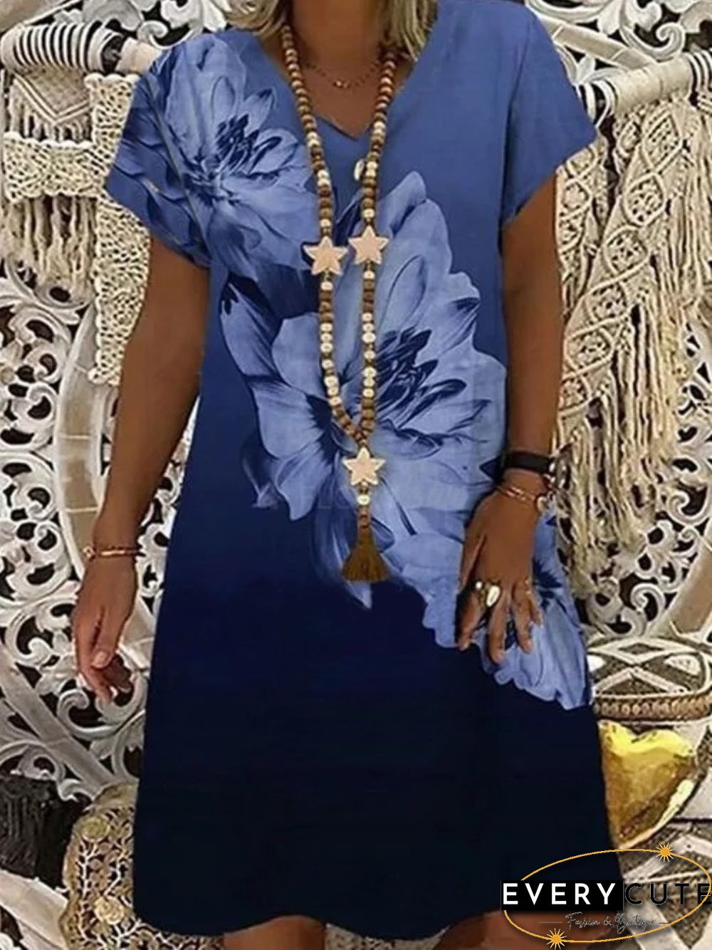 Casual Short Sleeve V neck Plus Size Printed Dress