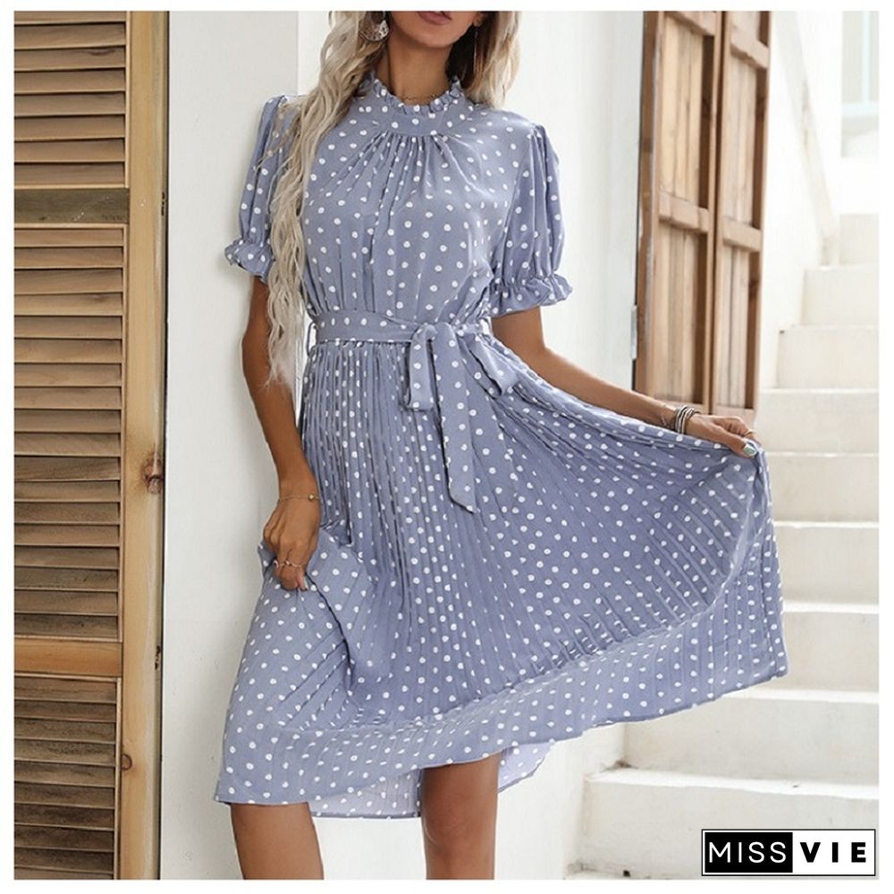 Casual Womens Summer Dress Pleated Short Sleeve New Chic Elegant Fashion Lace-up Polka Dot