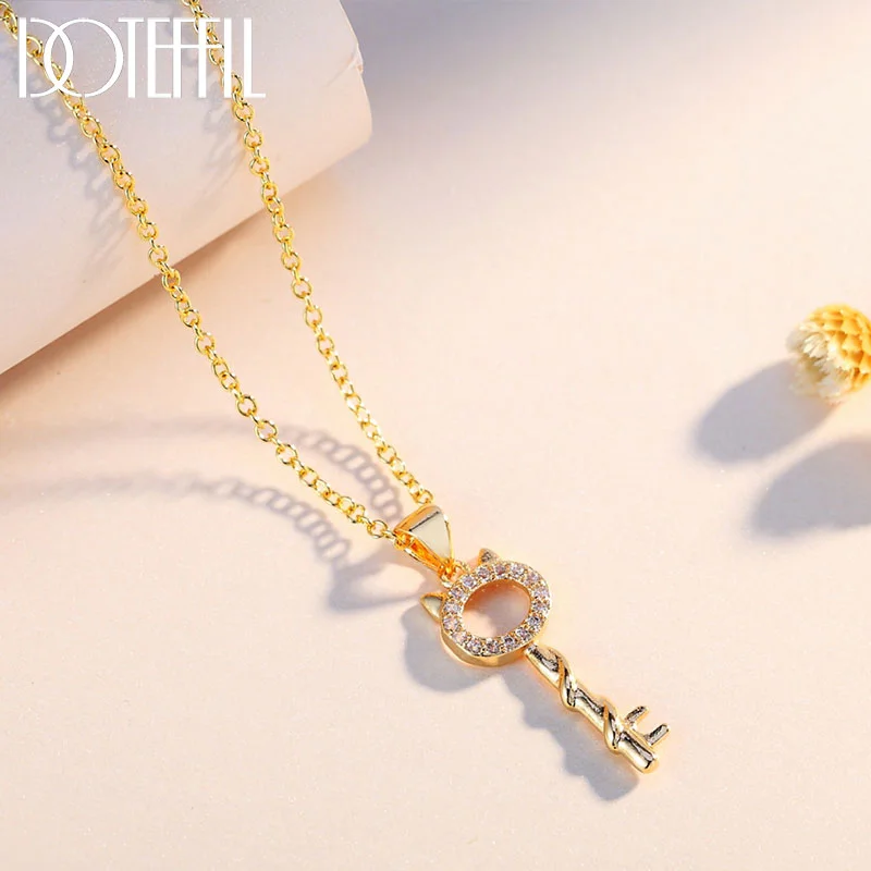DOTEFFIL 925 Sterling Silver Gold Kitten Key AAA Zircon Necklace For Women Jewelry