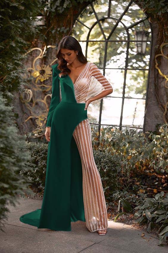 Hidais Patchwork White V Neck Long Sleeves High Waist Long Wid-Leg Jumpsuit with Tulle