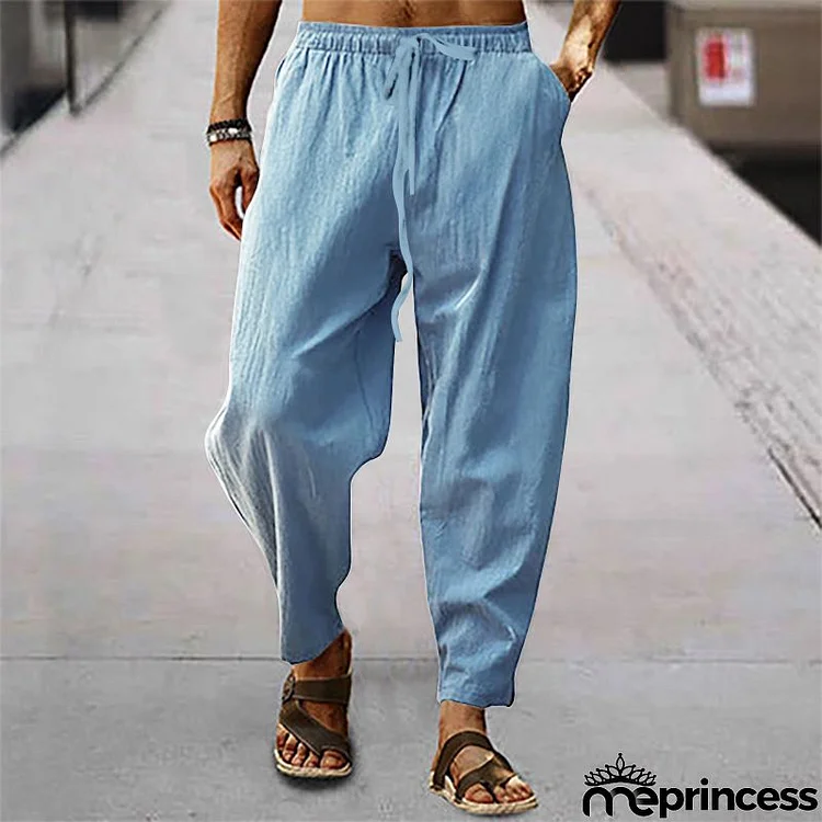 Men Summer Fashion Casual Solid Color Drawstring Waist Plus Size Straight Pants