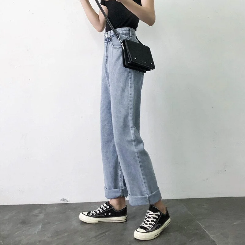 Jeans Women Wide Leg High Waist Top Shop Trousers Slim Denim Button Streetwear Womens Full Length Novelty Korean Fashion Casual