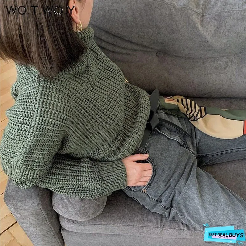 Christmas Gift WOTWOY Knitted Oversized Turtleneck Pullovers Women Autumn Winter Casual